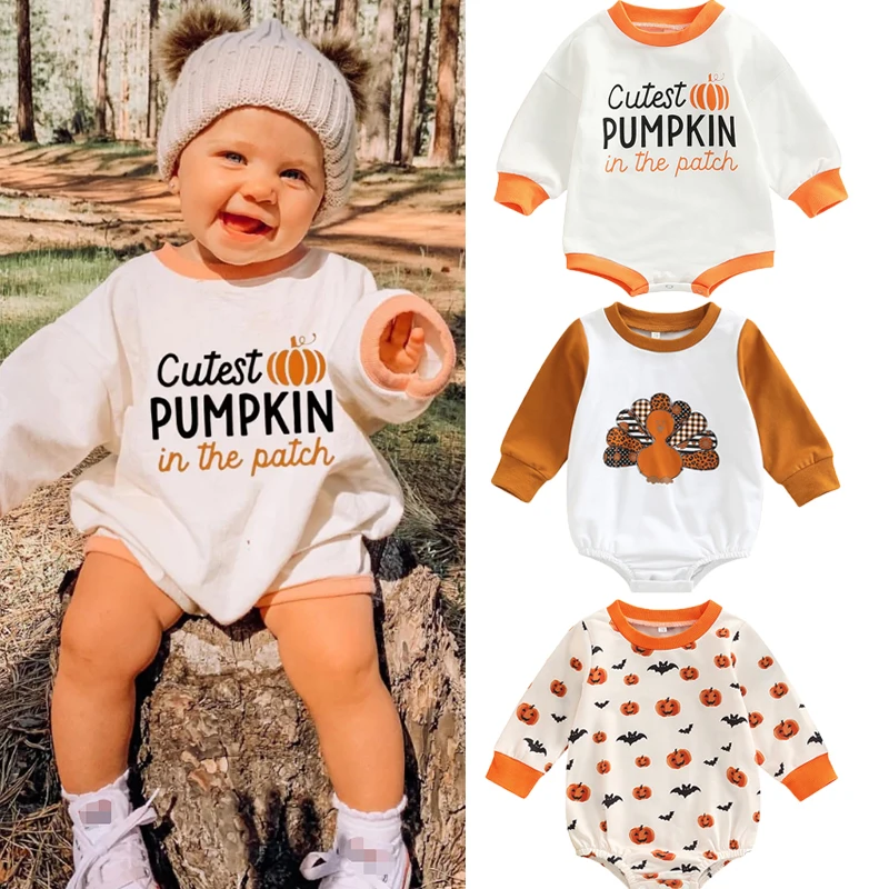 

2022-07-22 Lioraitiin 0-24M Newborn Infant Baby Boy Girl Sweatshirt Jumpsuit Letter pumpkin Printed Long Sleeve Romper Outwear