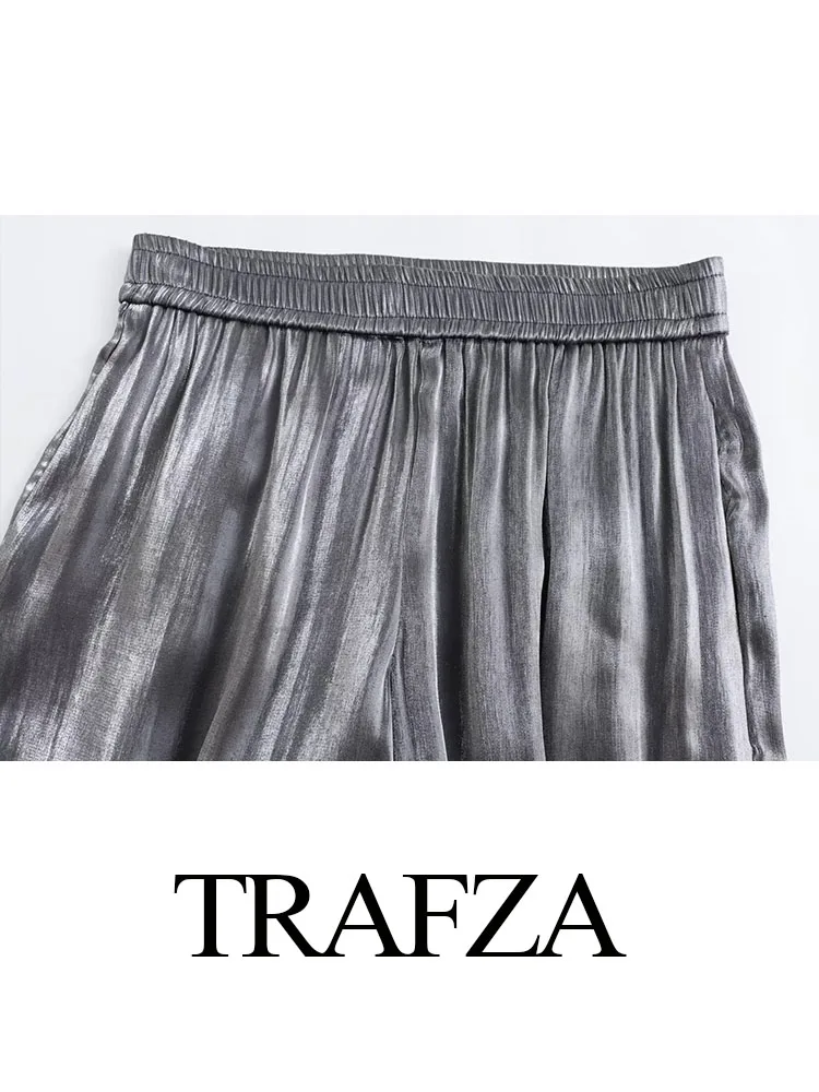 TRAFZA Autumn Elegant Woman Metal Color Loose Pants High Waist Casual Wide Leg Pant+Silver Pleated Oversize Coat 2 Piece Set