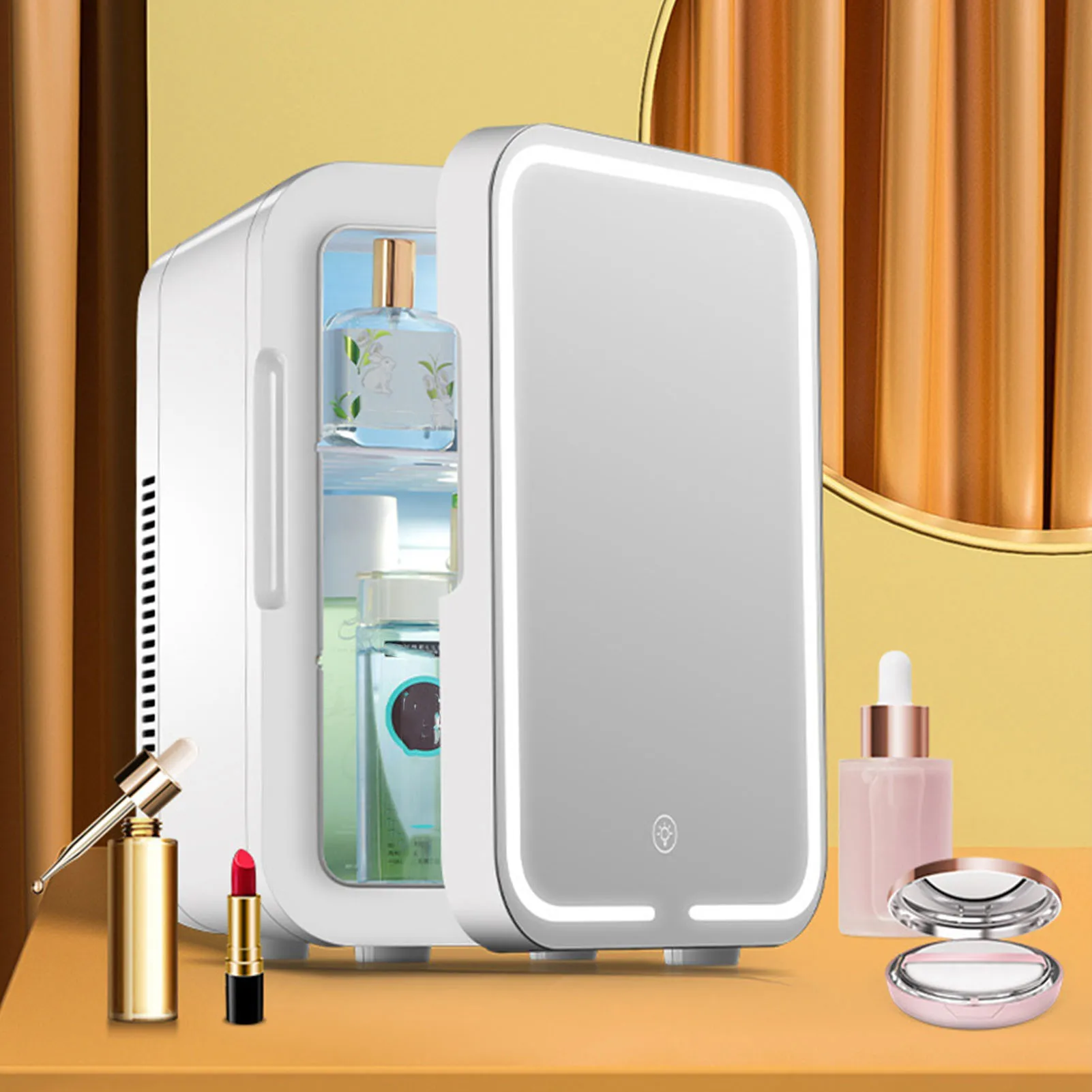 Mini Beauty Fridge Cooling and Heating Mirrored Door Dimmable 10L Portable Beauty Freezer for Home Car 110-220V