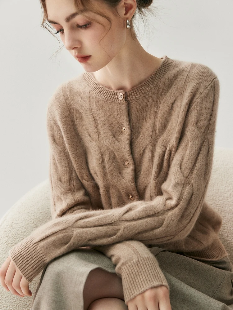 

Women Cashmere Sweater Cardigan Round Neck Classic Twist Flower Autumn Winter 100% Cashmere Knitwear Solid Elegant Clothing Tops