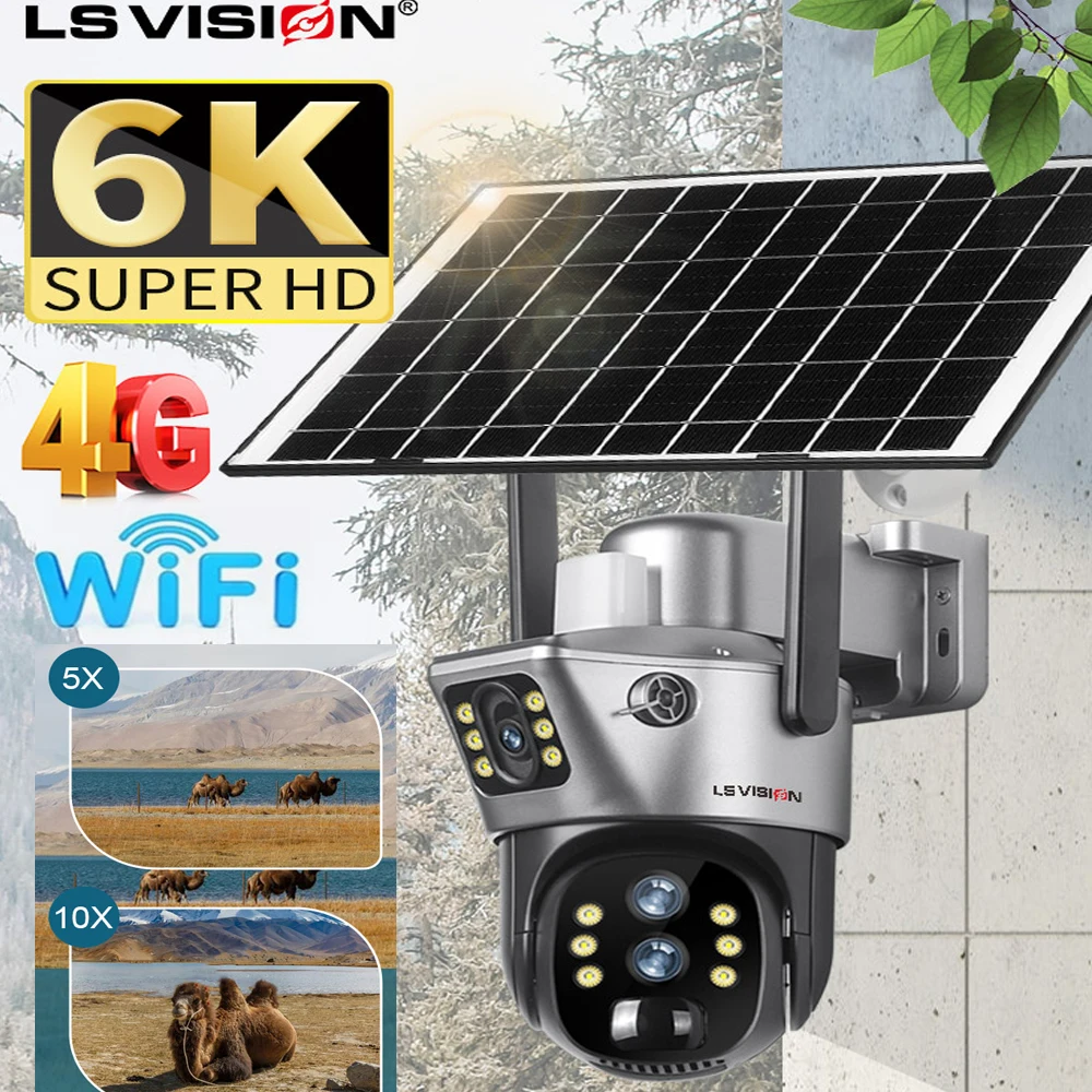 LS VISION 4G/WIFI Solar Camera Wireless Outdoor 12MP 10X Zoom 6K Dual Screen Human Auto Tracking Surveillance Camera CCTV V380