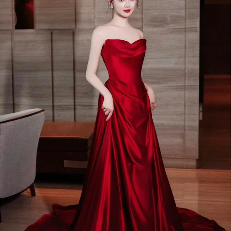 

Wine red strapless satin elegant stylish toasting dress