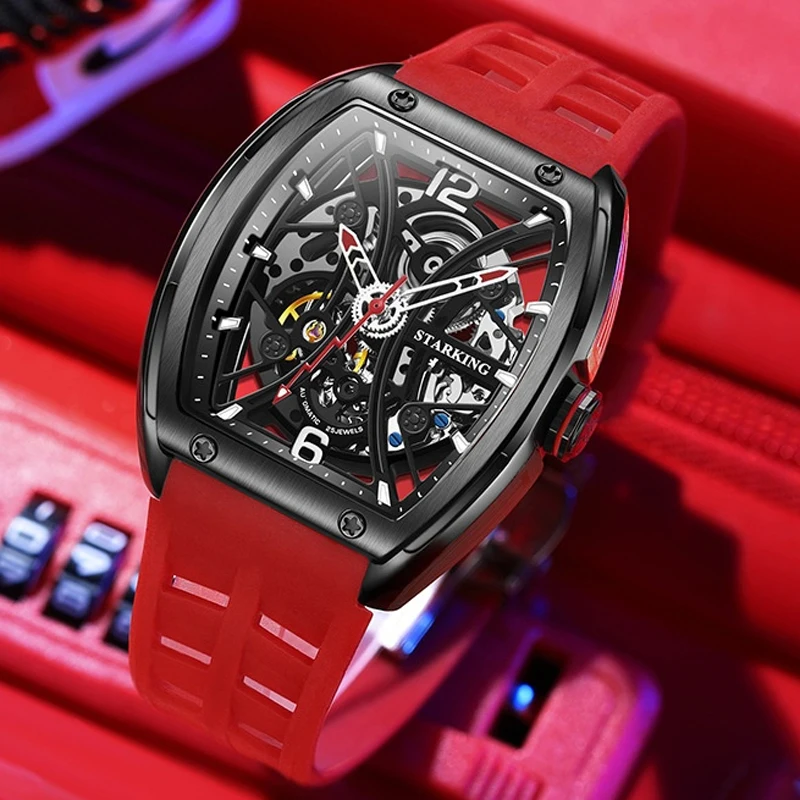 STARKING Men Watch Fashion Skeleton Electronic Mechanical Watches 50M Waterproof Luminous Tonneau Dial Red Silicone Strap AM0350