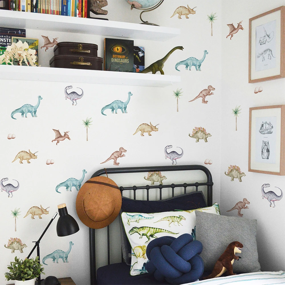 Dinosaur Wall Stickers Watercolor and Paper Line Waterproof Self Adhesive Wall Decals for Kids Boys' Room Home Decor