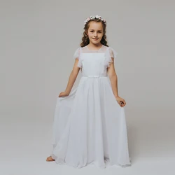 Summer Flower Girl Dress Lace Chiffon Princess Dress Birthday Party Short Sleeve Dresses for Girls White Long Skirt Kids Clothes
