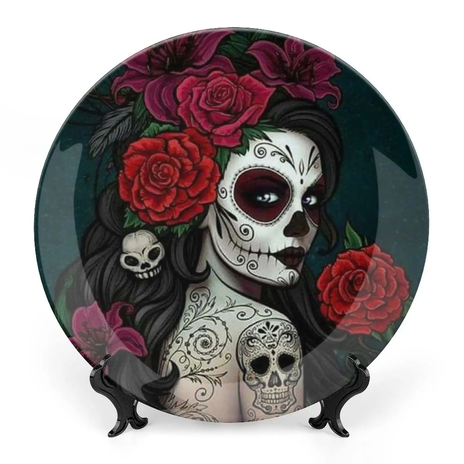 Skull Turquoise Vintage Design Bone China Decor Plate with Stand Round Decorative Plate Home Wobble-Plate Ceramic Wall Hanging