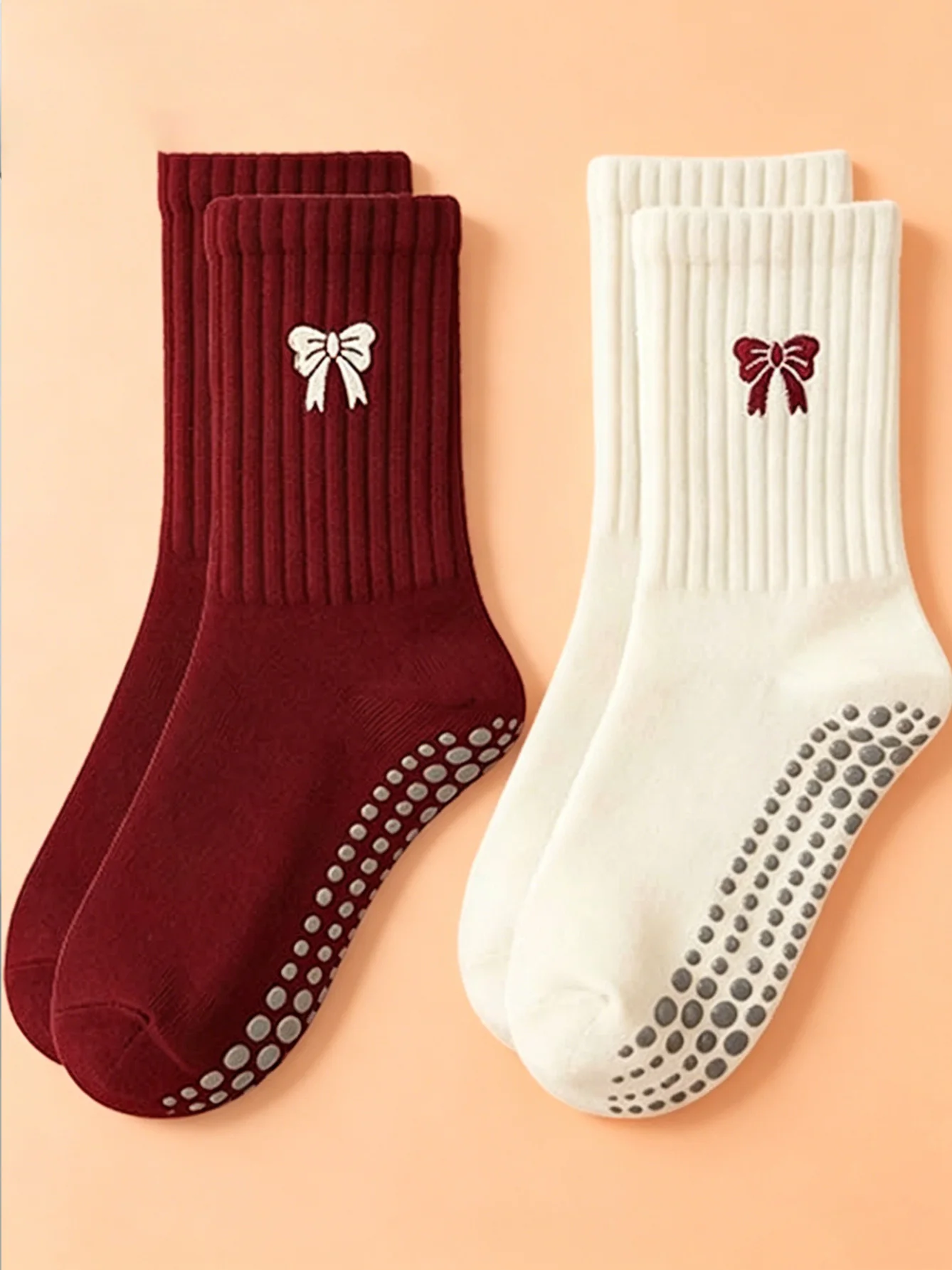 2 pairs of professional women's Pilates non-slip socks with bow, mid-calf yoga socks, non-toe socks, indoor-specific sports and fitness socks