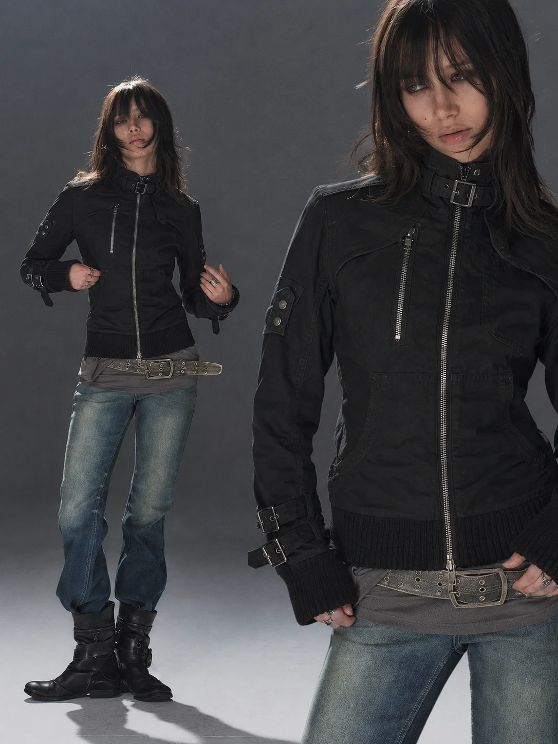 Ladies Grunge Streetwear Black Vintage Stand Neck Jacket Punk Hooded Zipper Safari Coat Y2k Daily Commute Overcoats