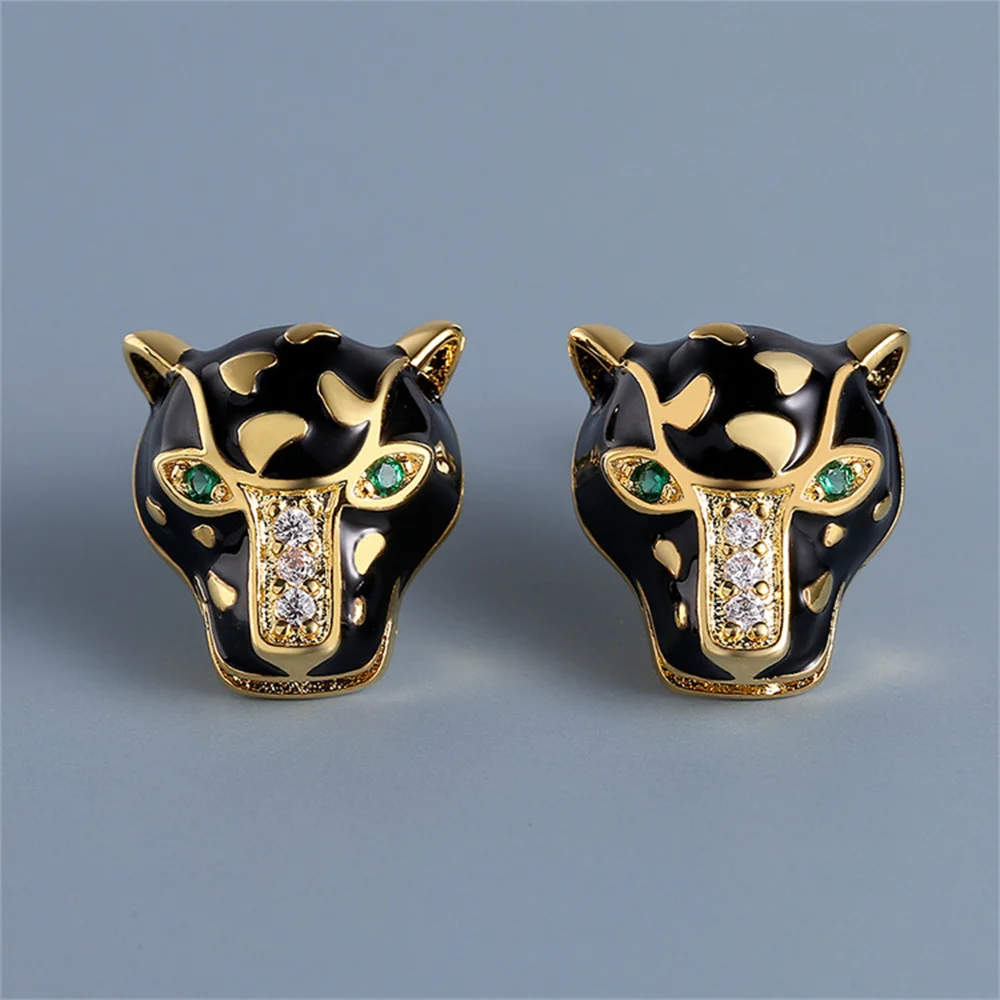 Vintage Golden Black Enameled Leopard Stud Earrings Green Eyes CZ Zircon Panther Animal Earrings for Women Party Gift