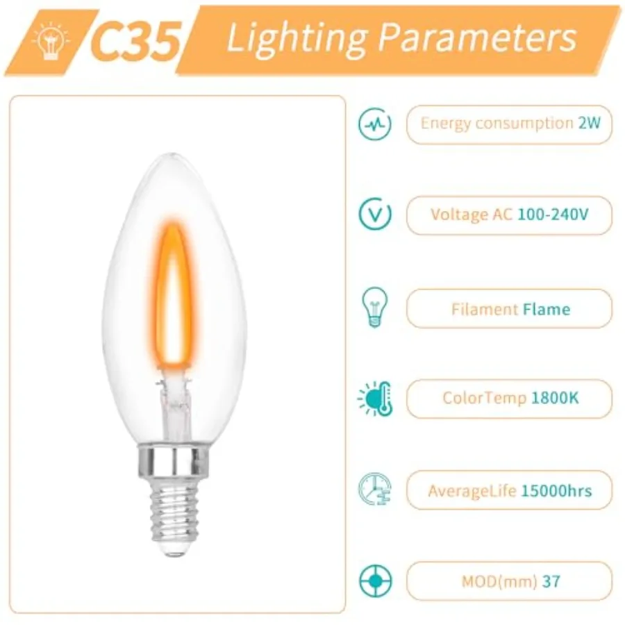 E12 Base Miniature Screw C35 Flame Tip Flicker Bulbs - Crystal Clear Candle Light with Orange Glow Effect for Halloween E12 Non view 3