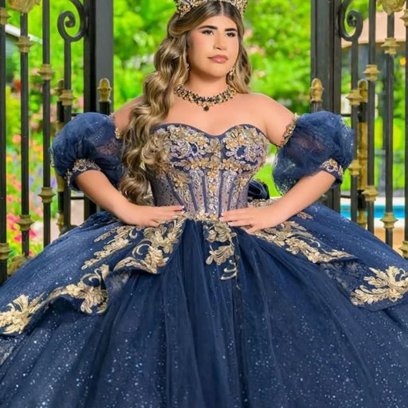 Shiny Royal Blue Quinceanera Dress Lace Tull layering crystal sequins decal flower Bow vestidos de 15 Quinceanera ﻿Customized