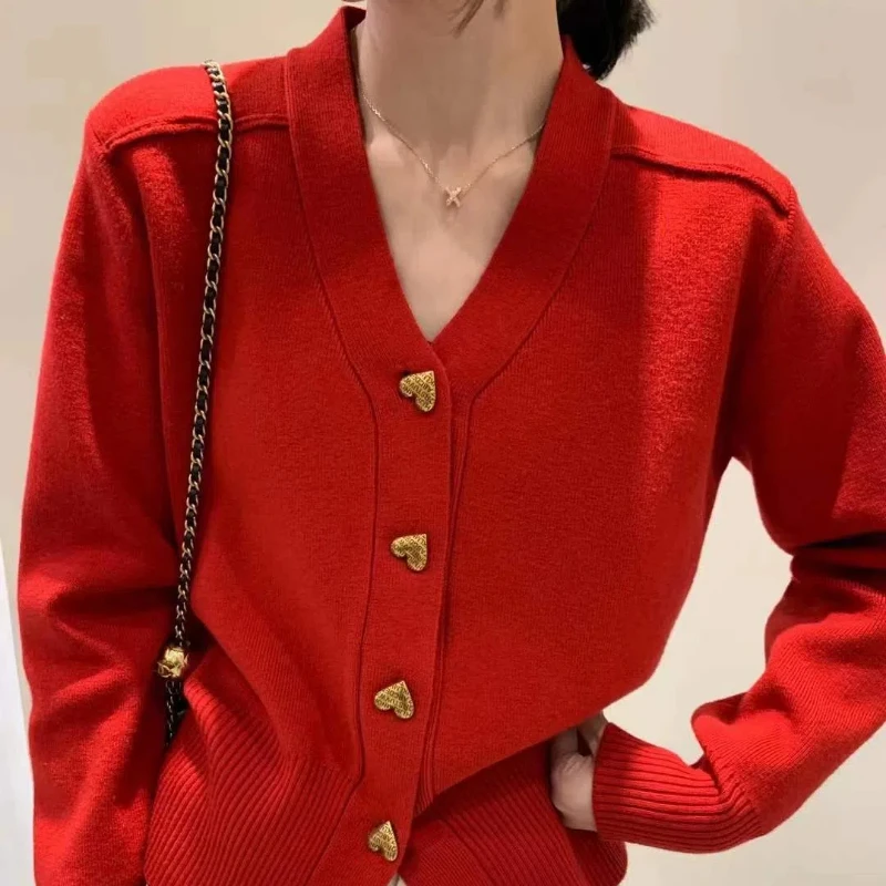 Spring Autumn Solid Color V-neck Long Sleeve Sweater Women High Street Button Patchwork Casual Cardigan Elegant All-match Tops