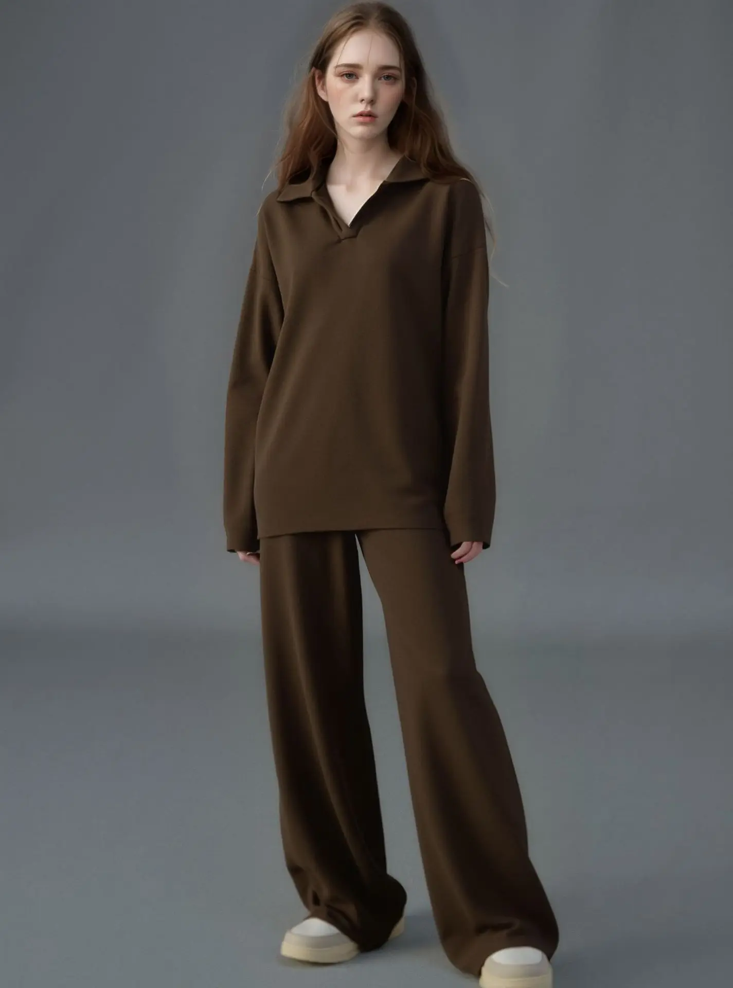 

Женский вязаный комплект из двух предметов, свитер с воротником-поло, широкие брюки, комплект для отдыха с высокой талией, осенне-зимний офисный домашний мягкий на ощупь наряд