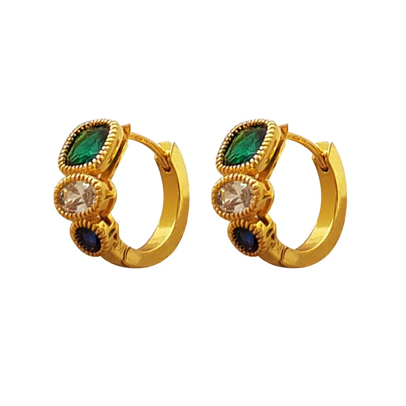 Copper gold vintage contrast color zircon geometric earbuckle personality grandmother green palace style design sense earrings