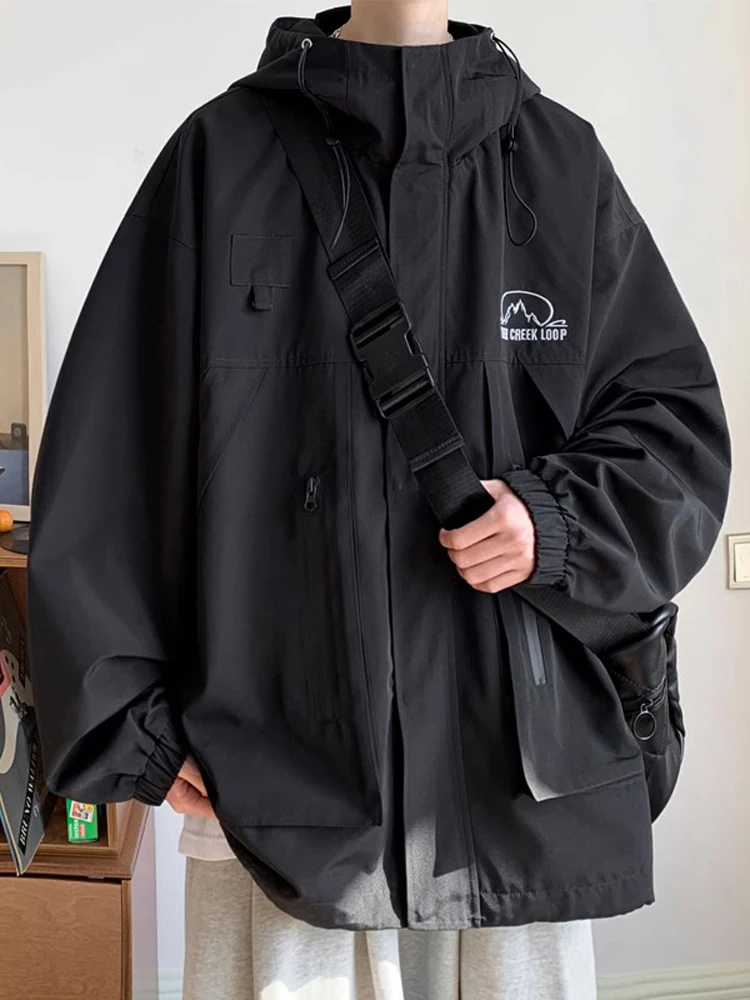 

American Style Men's Waterproof Hiking Jacket Outdoor Coat with Hood Youth Fashion Pure Color Zipper Closure Loose Fit Jacket