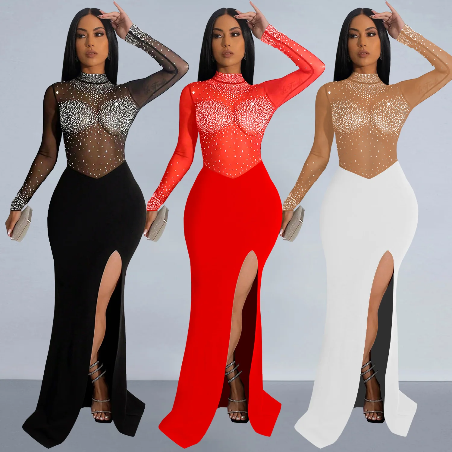 

Индивидуальный женский модный костюм в европейском и американском стиле для взрослых, сексуальное сетчатое платье с разрезом и бриллиантами для одевания свиданий