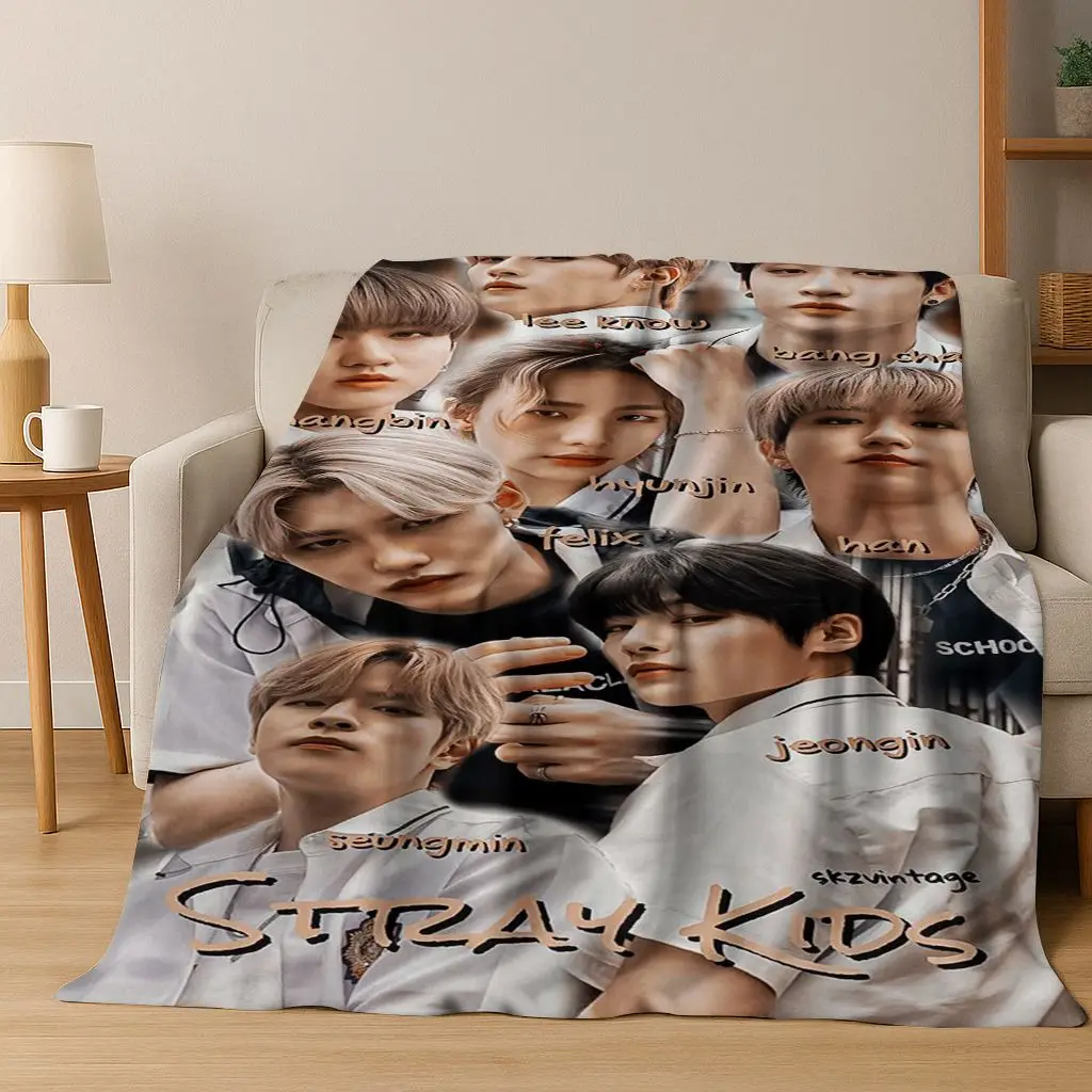 Latest Kpop Star Stray Kids Flannel Blanket Soft Warm Throw Blanket for Bedroom Living Room Bed Travel Camping Picnic Gift