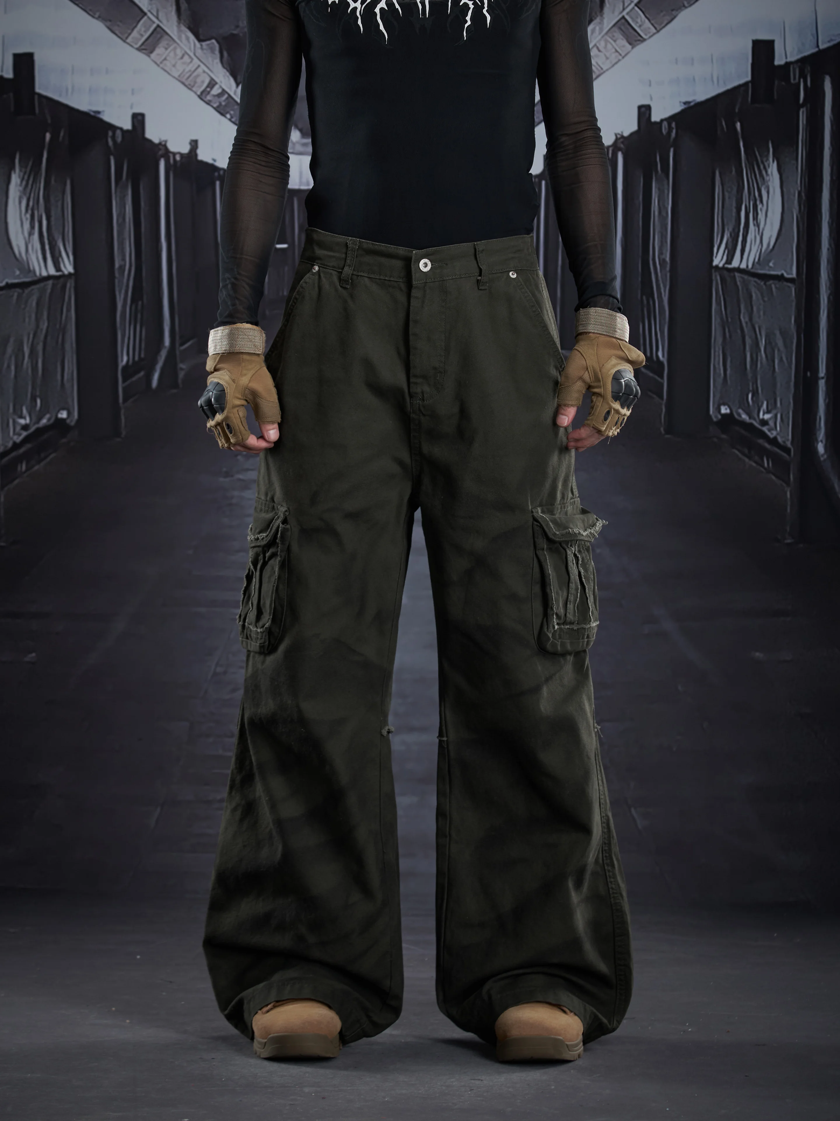 

Специальный дизайн, стираные и потертые свободные брюки-карго с несколькими карманами для струйной печати, прямые брюки-карго, американский уличный повседневный стиль