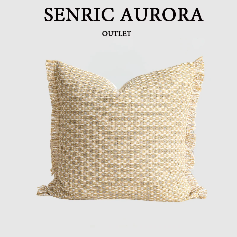 Luxury Cushion Cover 48x48cm Mustard Yellow Double-sided Hand Torn Fringe Edge Pillow Case For Home Hotel Bed Living Room Sofa