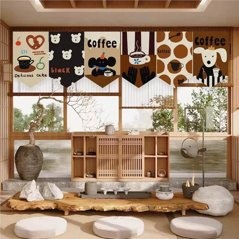 VIKAMA Cartoon Dog Coffee Triangle Flag Doorway Short Curtain Noren Half Curtain Partition Coffee Shop Window Decor