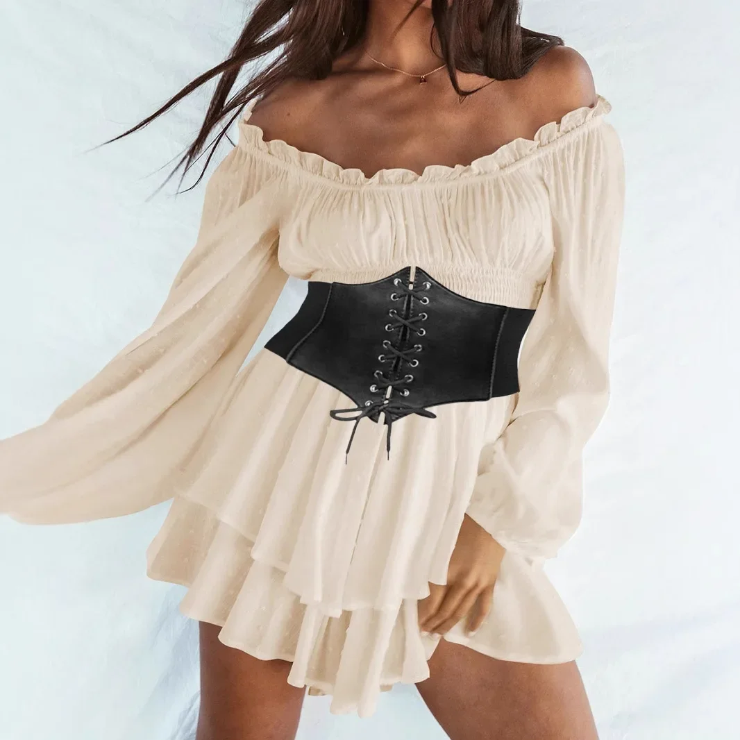 2026 Women Loose Ruched Jumpsuit Summer Bib Overall Lace Boat Neck Long Sleeve Elastic Waist Flouncing Bodysuit Siamese Trousers
