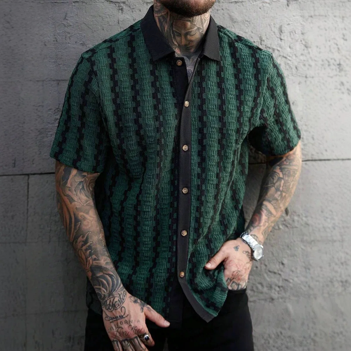 New Men's Retro Checked Knitted Short Sleeve Shirt Versatile Casual Temperament Top