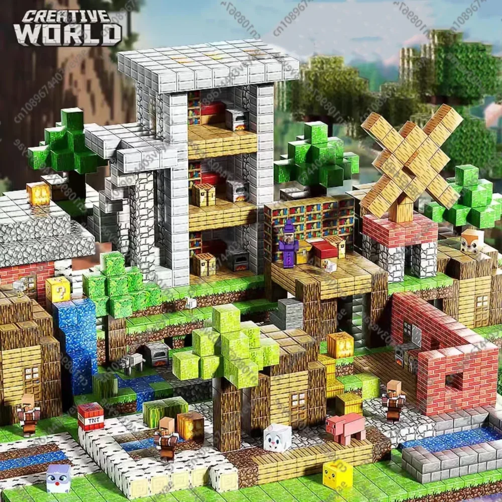 Bloques de construcción magnéticos Mine World, cubo magnético, ladrillo sensorial, los mejores juegos para niños y niñas, modelo de estilo píxel DIY, placa Base de juguete
