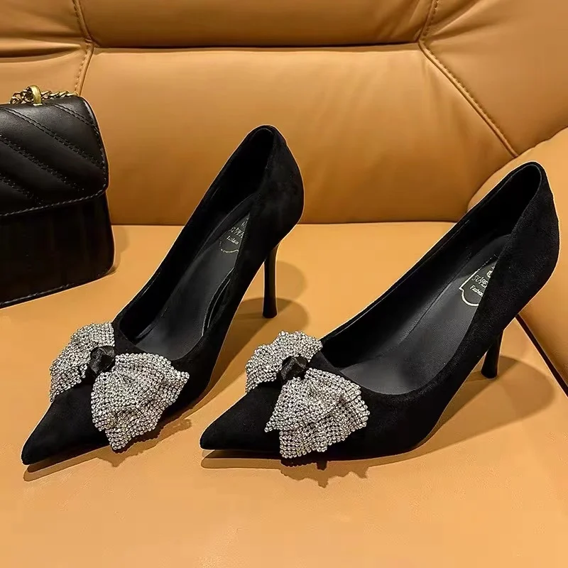 

High Quality Luxury Velvet High Heels Pointed Tote Pumps Wedding Party Glitter Rhinestones Bow Knot Sandals Women Bling Shoes