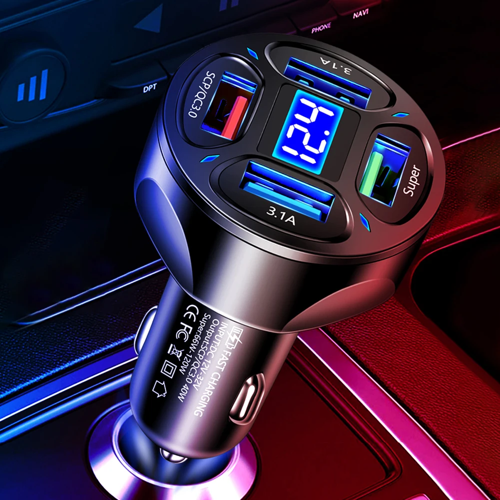 66W 4 Ports USB Car Charger With Digital Display Car Phone Charger Adapter PC Fire-retardant For iPhone Xiaomi Samsung Huawei