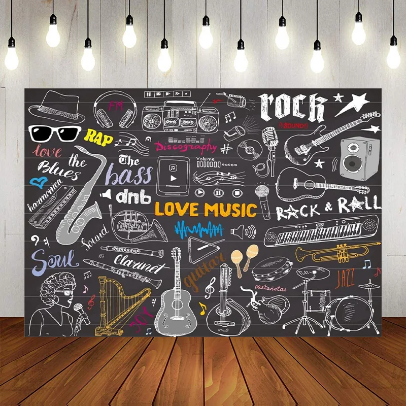 Music Chalkboard Backdrop Banner Music Guitar Radio Blues Soul Music Concert Party Photographic Background Wallpaper Decor