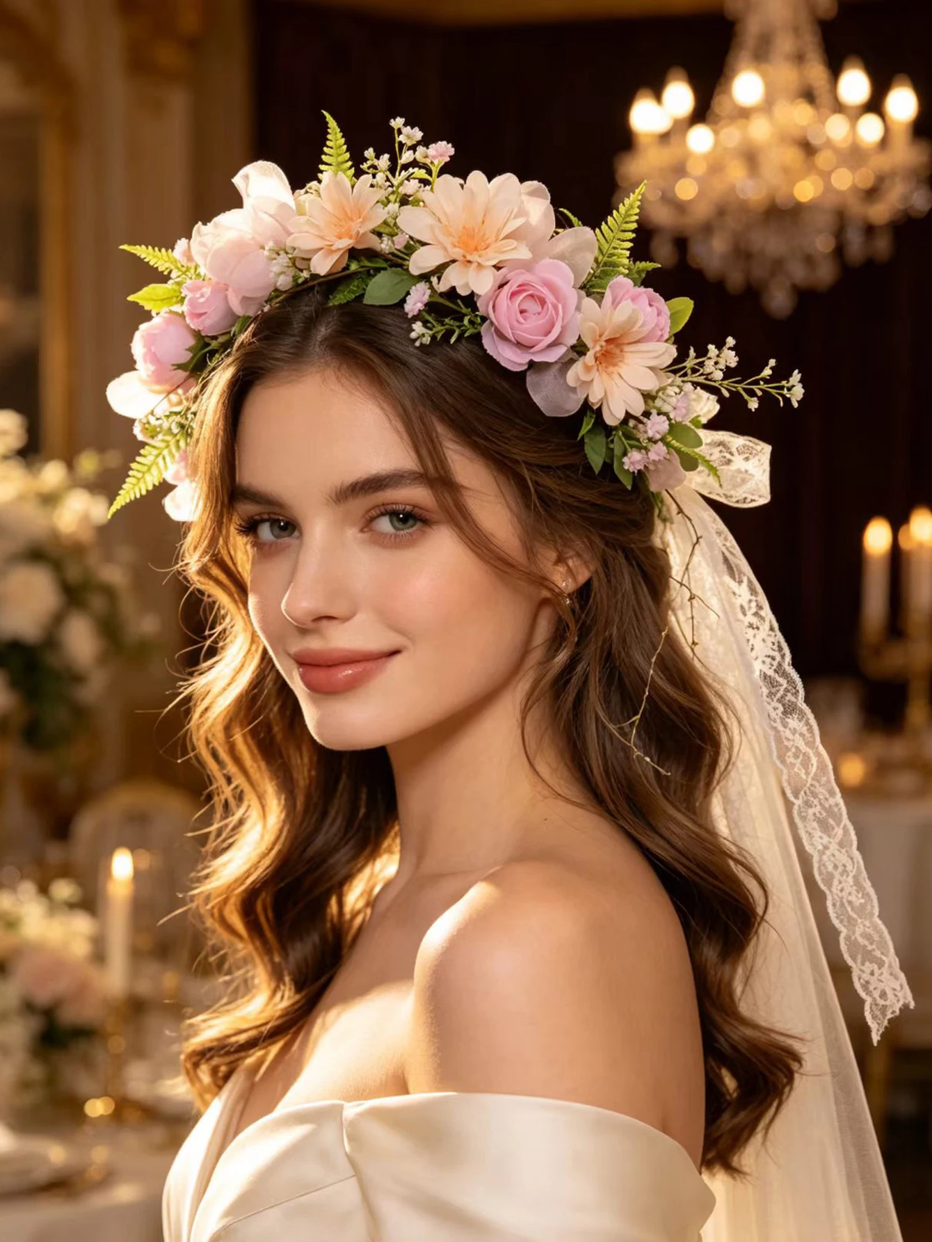 Pink Artificial Flower Wreath Headband, Forest-Style Floral Headpiece, Bride's Wedding Vacation Photo Shoot Fairy Flower Crown Hair Accessory