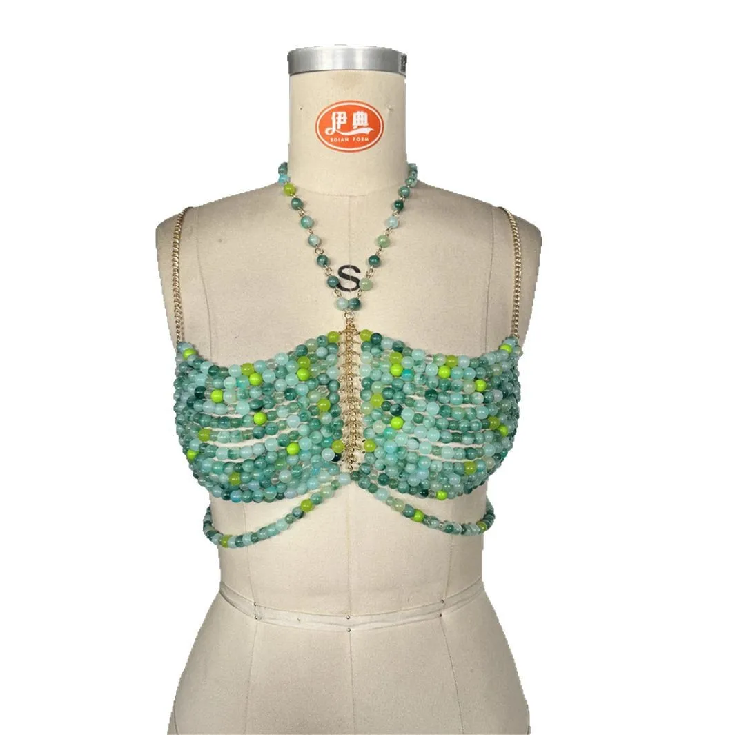 Color Changing Green Beads Woven Hollow Bra Chain Sexy Crop Top Metal Halter Camis Street Club Beading Tops Breast Body Jewelry