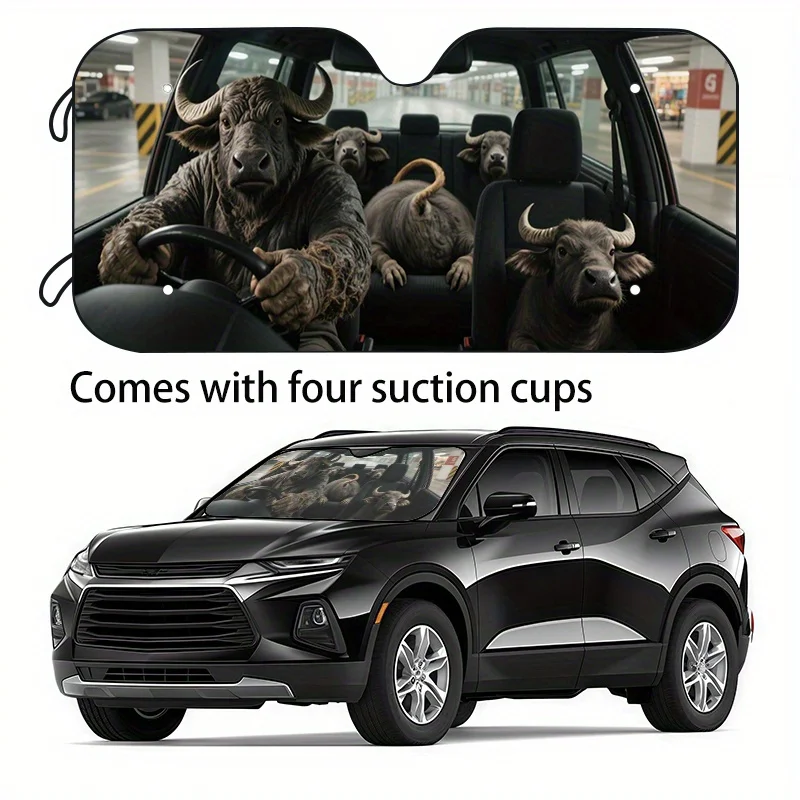 

1pc Funny Car Sunshade With Horned Buffalo Design - UV Blocking & Cooling Windshield Shade, Foldable Sun Shield For SUVs, Trucks
