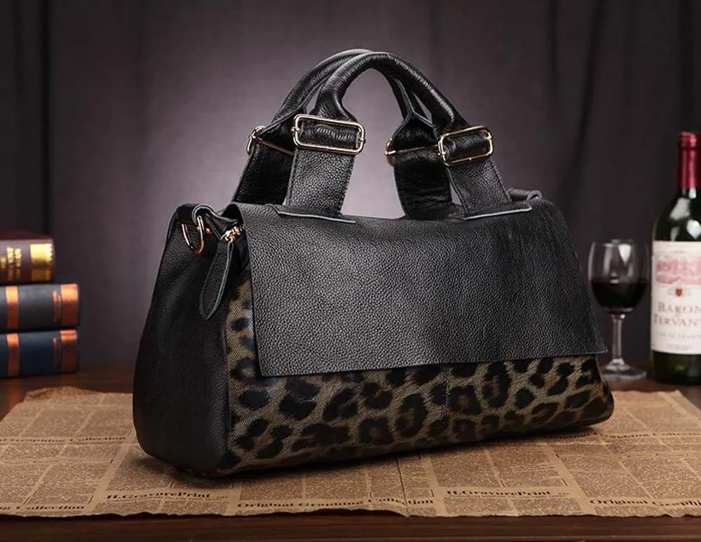 Fashion Genuine Leather Big Tote Handbags Leopard Pattern Soft Cowhide Travel Tote Ladies Long Strap Shoulder Weekend Bags