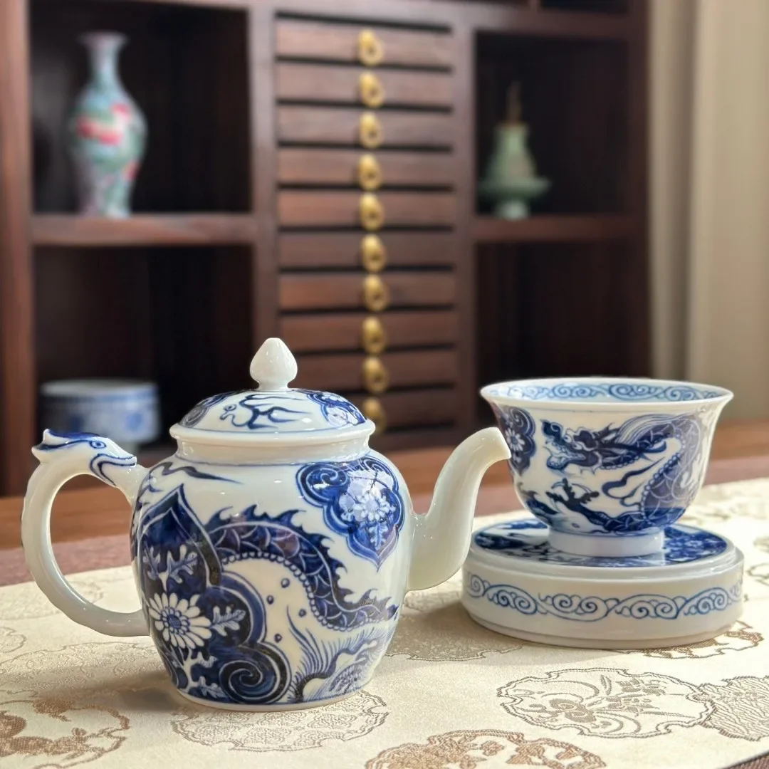 Jingdezhen imitation yuan Chuanhua dragon teapot blue and white high-end high-end tea set