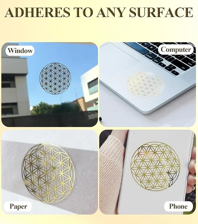ملصقات زهرة الحياة، ملصقات طاقة زهرة الحياة الذهبية، PVC ذاتية اللصق، ملصقات مجوهرات كريستالية شفافة