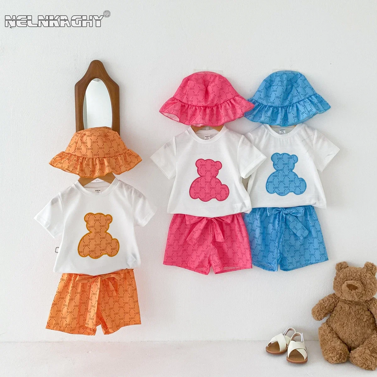2024 lato nowość w dzieci niemowlęta dziewczynki chłopcy zestaw modna odzież 3 szt.-dzieci Cartoon Bear Top t-shirty + szorty + kapelusz