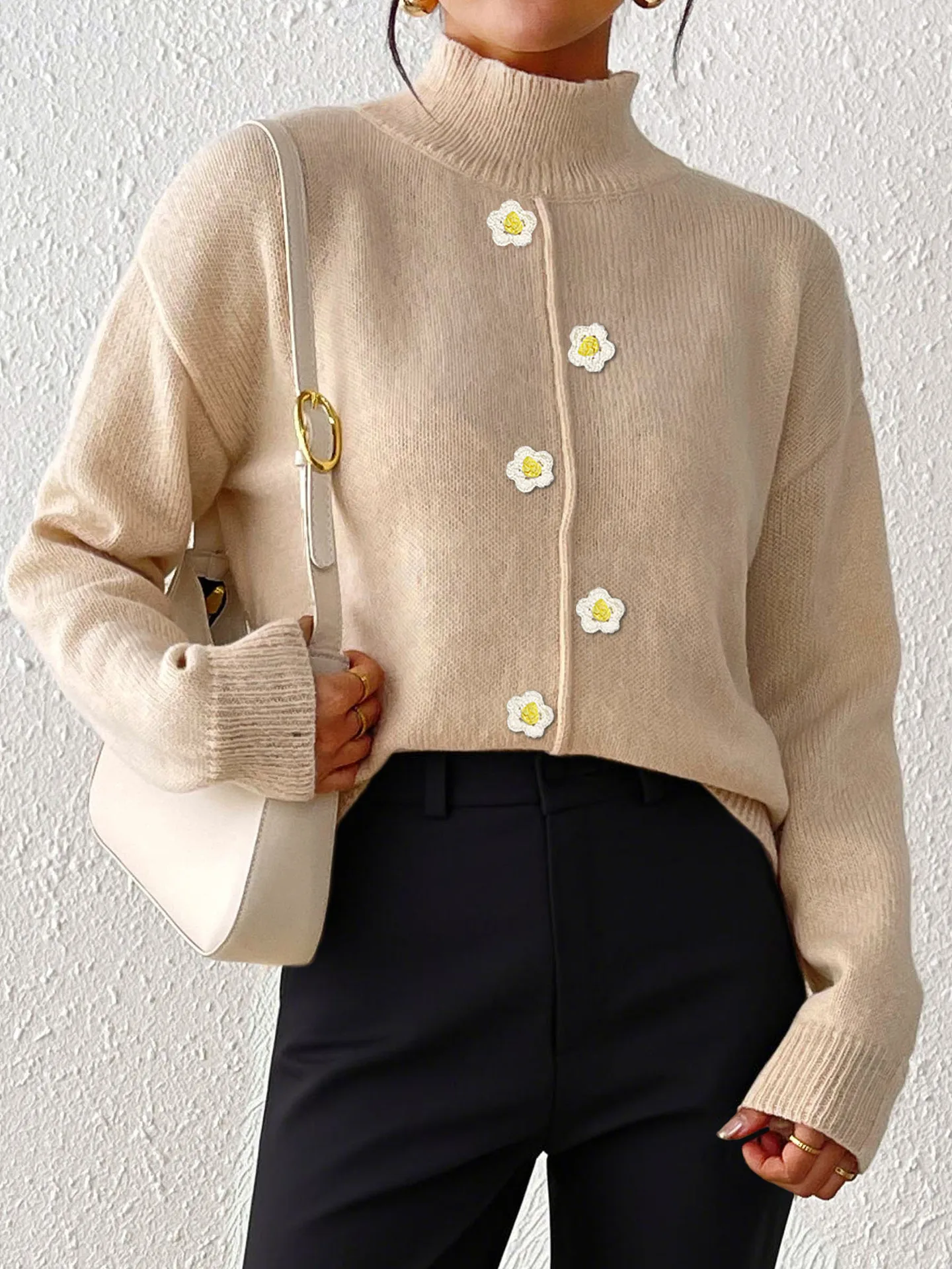 

Coarse Knitted Sweater For Women Autumn Winter Lazy Style Flower Embroidery Pullovers Vintage Solid Color Jumpers Mujer Tops