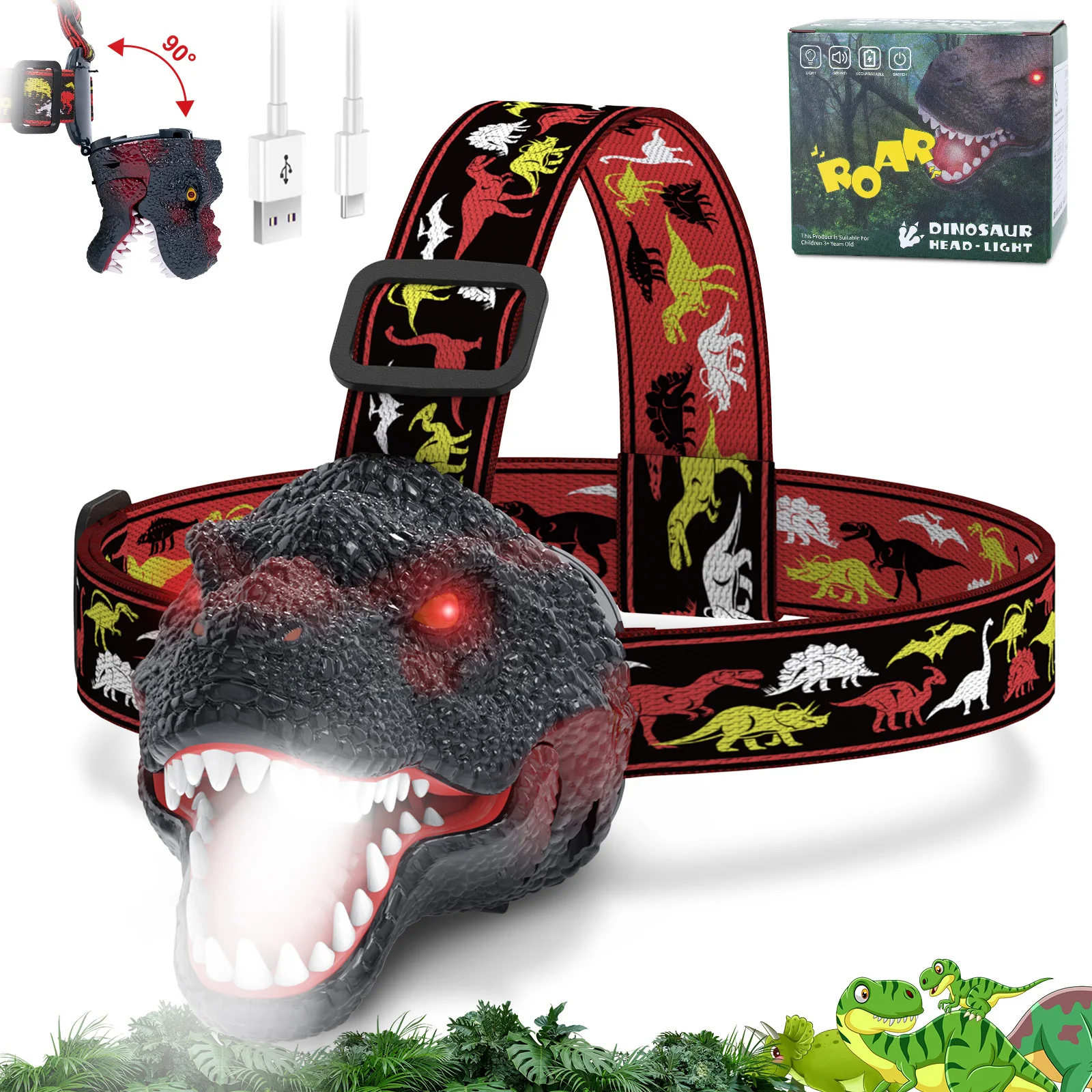 

Светодиодный налобный фонарь «Динозавр» — перезаряжаемый через USB 90 ° Вращающееся, яркое свечение для домашнего декора, вечеринки, Рождества, подарка на День святого Валентина
