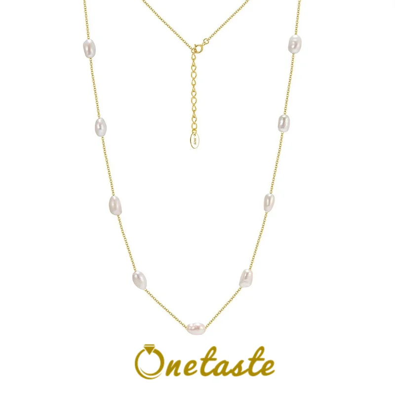 

925 Sterling Silver Natural Freshwater Pearl Station Necklace For Women Elegant Classic Bead Spaced Chain Necklace Adjustable