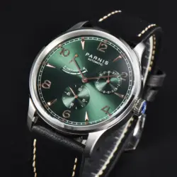 New Parnis 41.5MM Green Dial Mechanical Automatic Men Watch Leather Strap Calendar Men's Waterproof Wristwatches reloj hombre