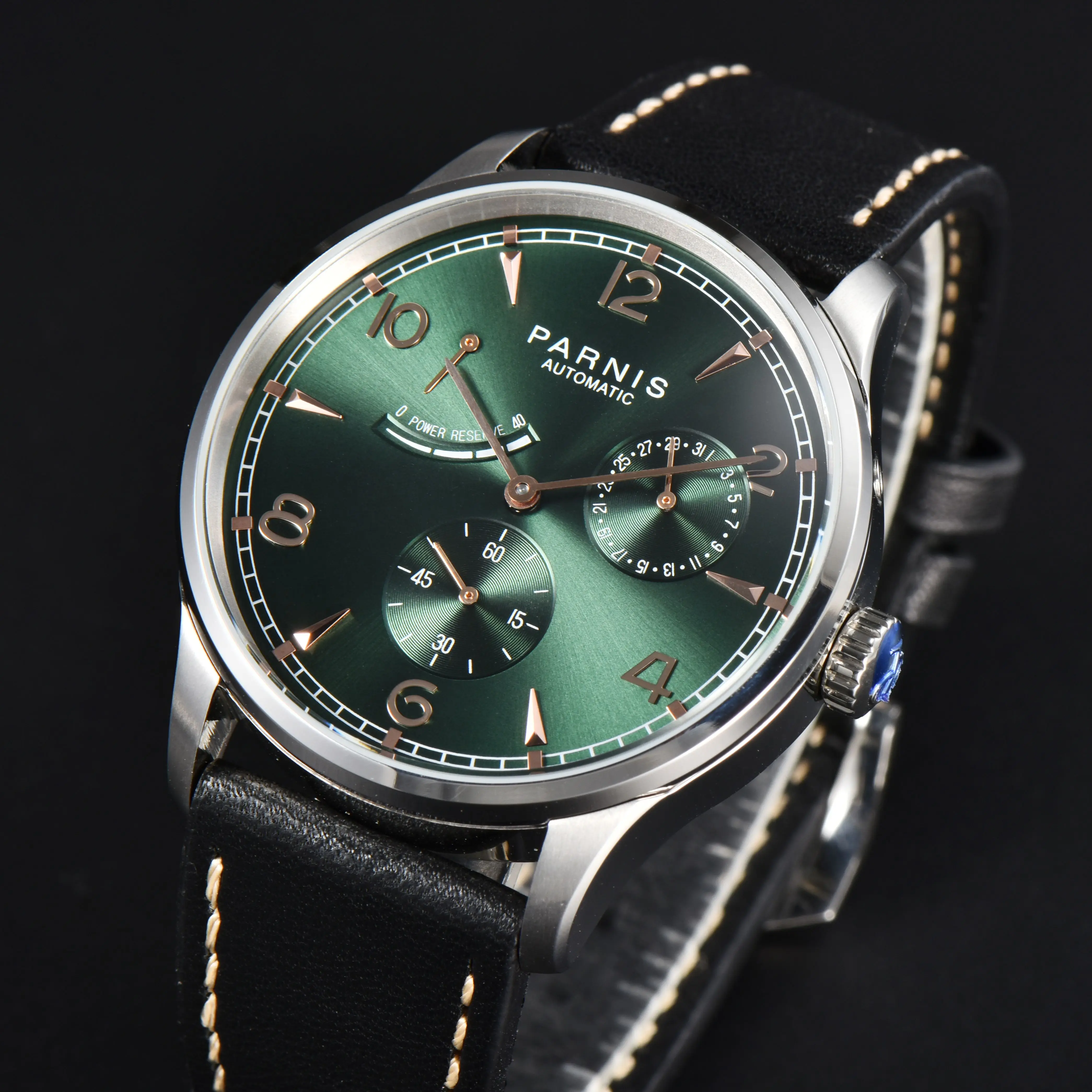 New Fashion Parnis 41.5MM Green Dial Mechanical Automatic Men Watch Power Reserve Leather Strap Men's Wristwatches reloj hombre
