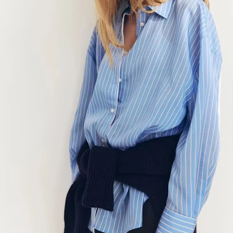 

Spring New Women's Comfortable Long Sve Striped Loose irt Wind Suzhou Silk 00% Polyester Fiber Z Brand irt