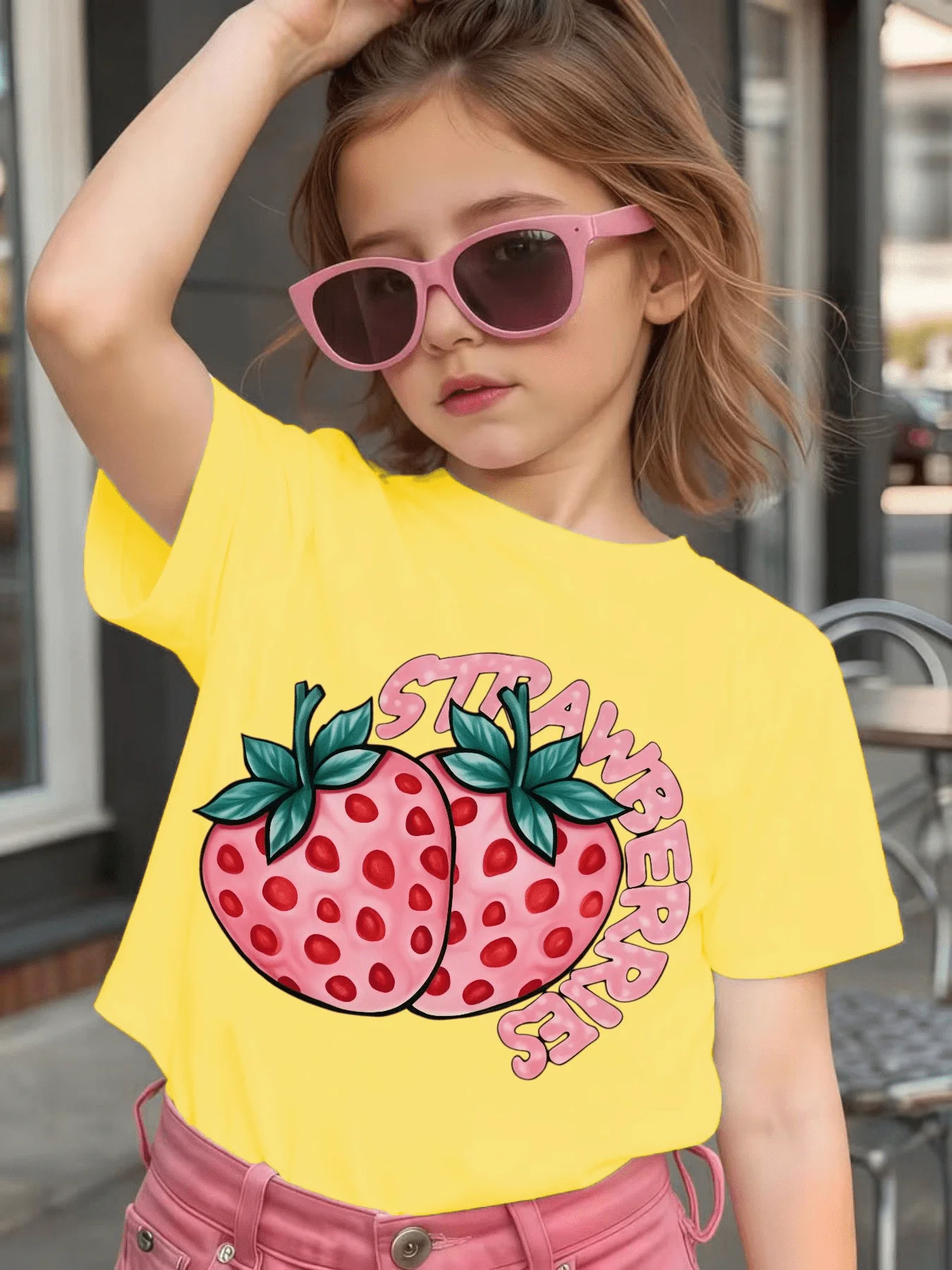 Strawberry Graffiti Letter Fruit Print Kid T Shirt Boys Girls Family Match Cotton Short Sleeve Summer Children Casual Basic Wear
