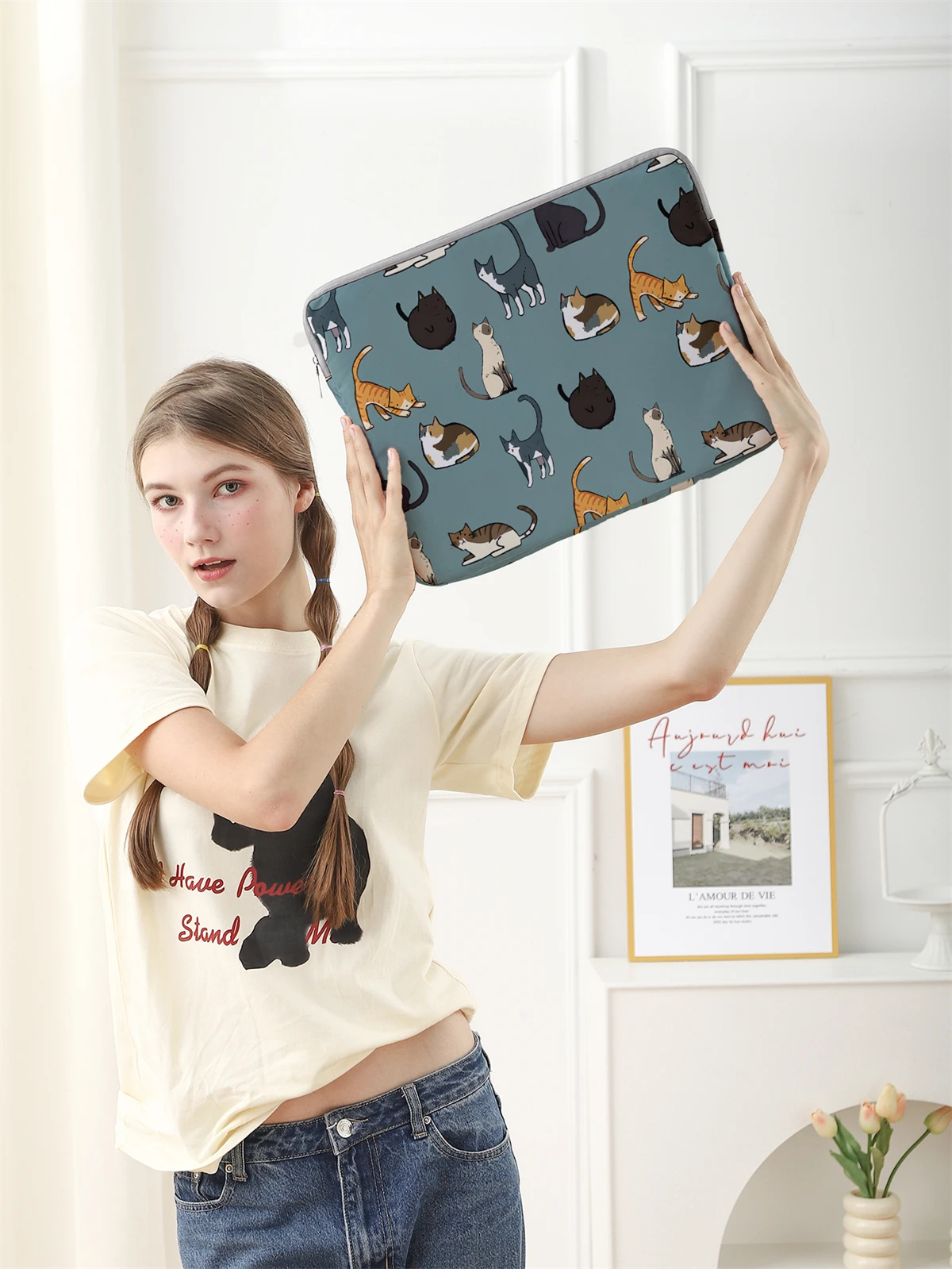 Borsa e valigetta per laptop con motivo gatto, adatta per laptop da 14 pollici