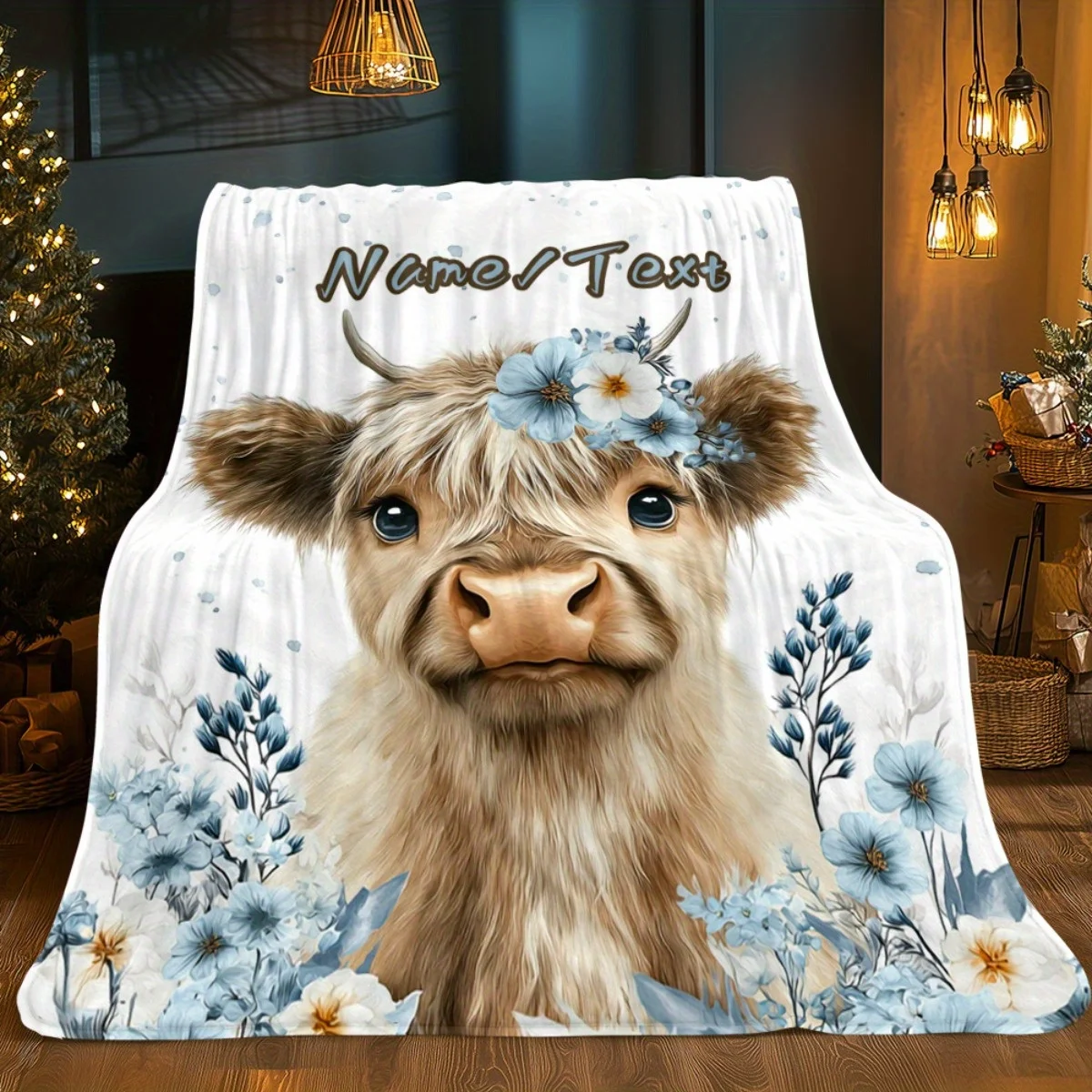 Custom name highland cow flannel blanket, suitable for sofa, bed, birthday, children, boys, girls, friends, gifts.