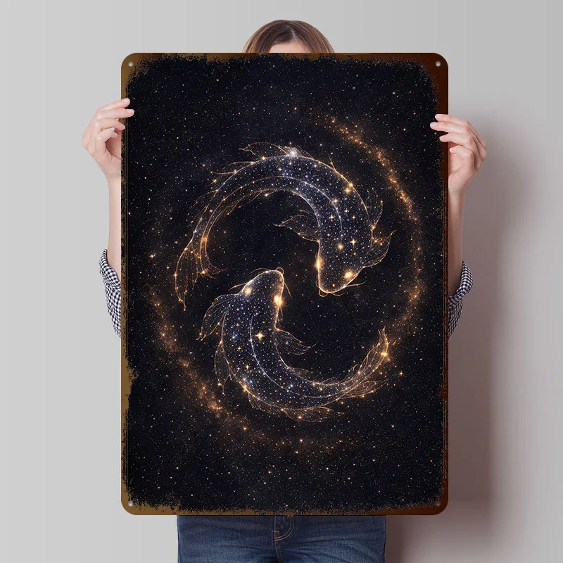 Constellation Koi Yin??Yang in Deep Space Printed Poster Customized Retro Wall Art Vintage Metal Tin Signs for Wand Deko Decor