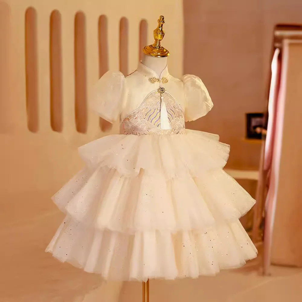 New Chinese style embroidered Tang dress for girls princess tutu Cake birthday wedding ball children's party performance dress