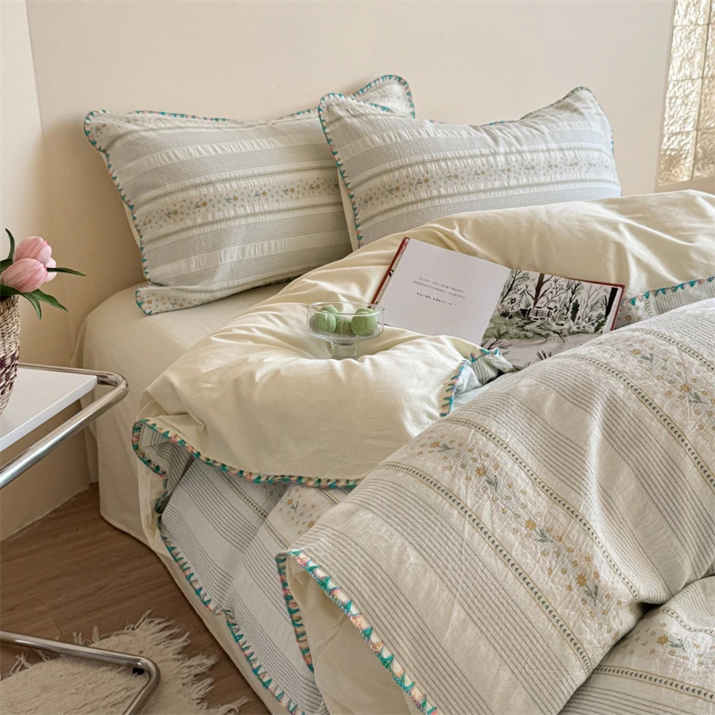 

100% Cotton Floral Bedding Set Single Queen King Size Washed Cotton Soft Duvet Cover Bed Sheet/Fitted Sheet Pillowcases 3/4Pcs