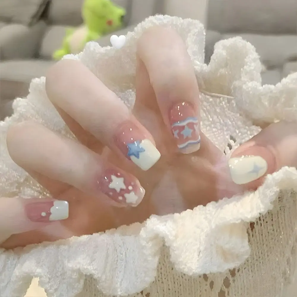 Moda wearable manicure unhas falsas com gradiente de cola imprensa em unhas brilhante cobertura completa unhas falsas francesas para mulheres e meninas